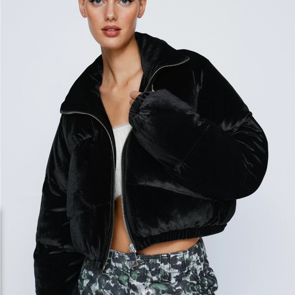 Nasty Gal Black Velvet Cropped Puffer